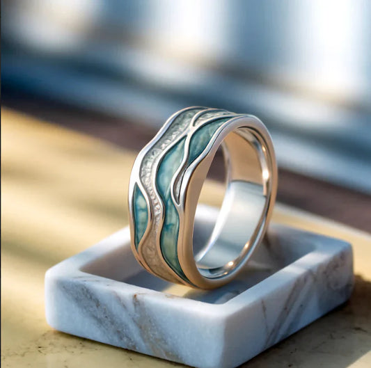 Anillo de Olas Plateadas con Turquesa