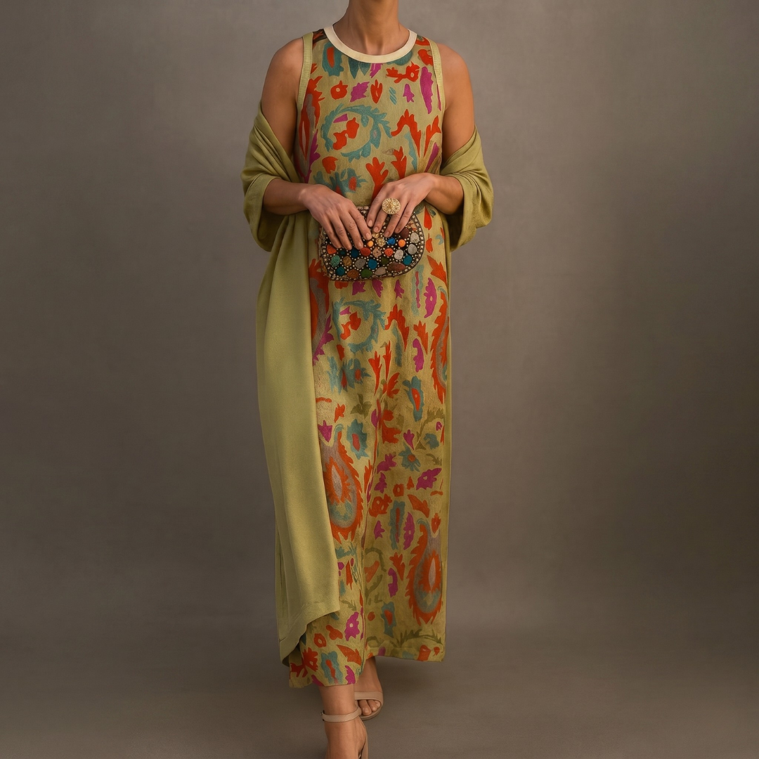 Daniela | Vestido largo estampado con chaleco a juego