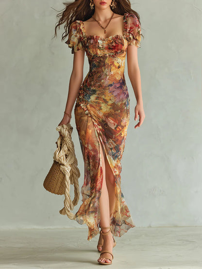 Abito lungo in chiffon arancione con stampa di dipinto a olio in stile bohémien