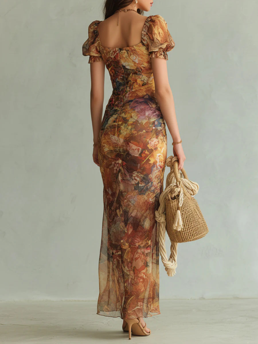 Abito lungo in chiffon arancione con stampa di dipinto a olio in stile bohémien