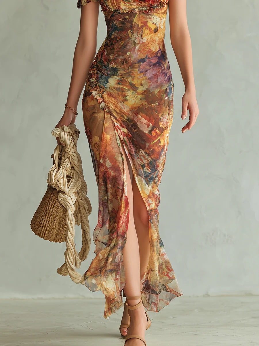 Abito lungo in chiffon arancione con stampa di dipinto a olio in stile bohémien