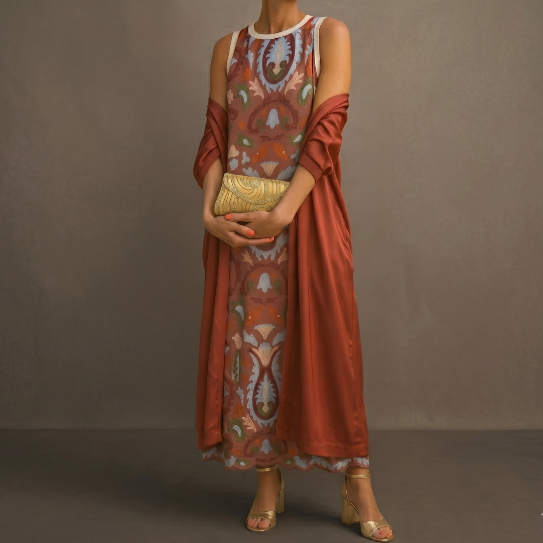 Daniela | Vestido largo estampado con chaleco a juego