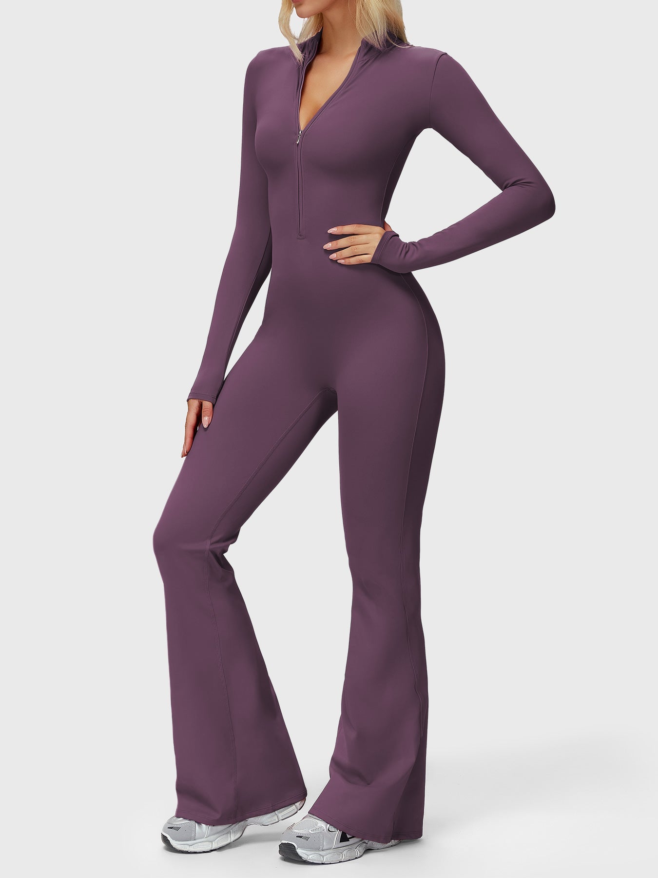 Yeoreo Belle Langarm Flared Jumpsuit mit Reißverschluss