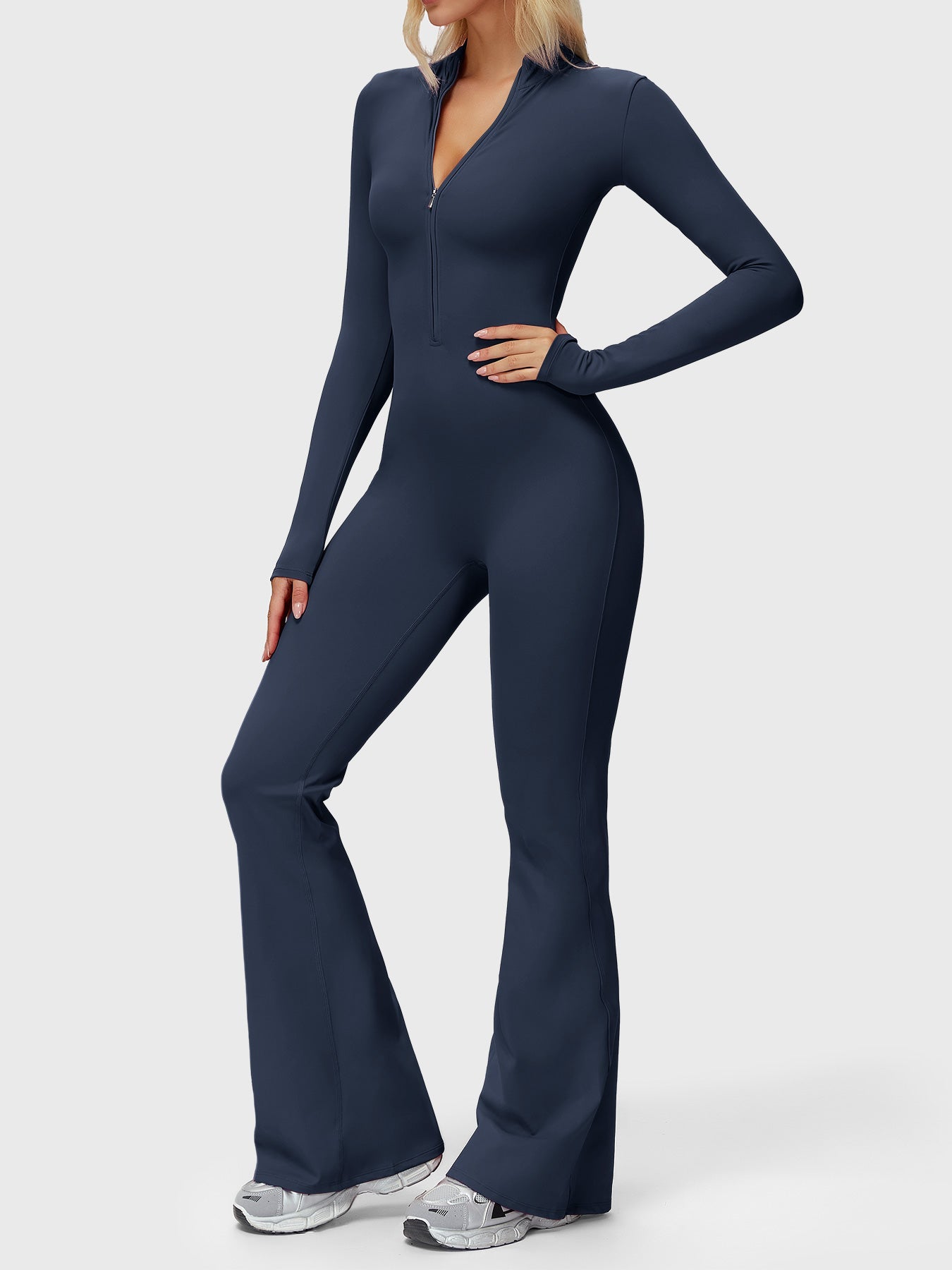 Yeoreo Belle Langarm Flared Jumpsuit mit Reißverschluss