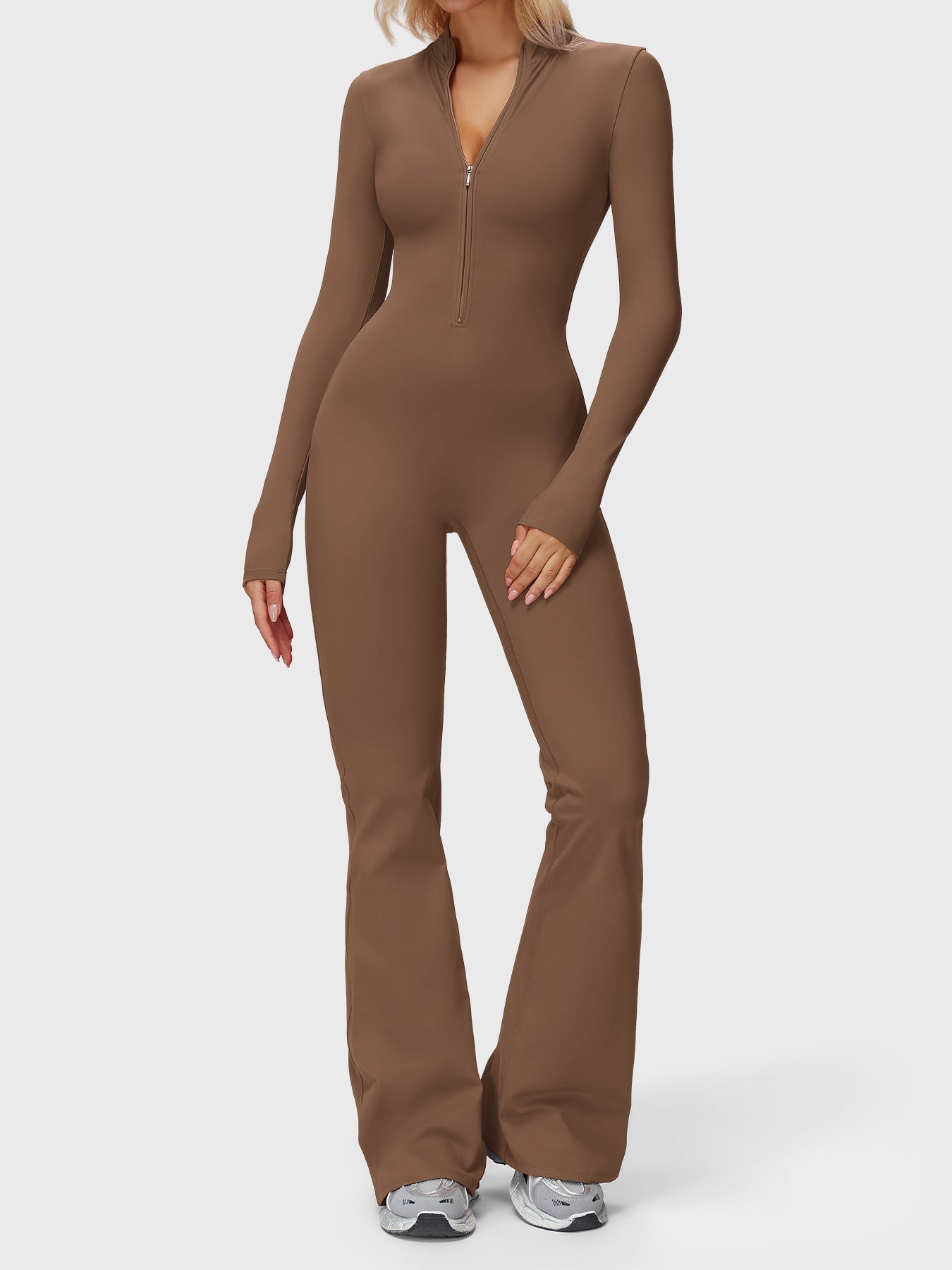 Yeoreo Belle Langarm Flared Jumpsuit mit Reißverschluss